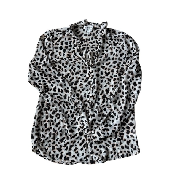 Express Blouse Ruffled Buttoned slim fit Leopard Print sheer shirt Size Medium - Picture 1 of 9
